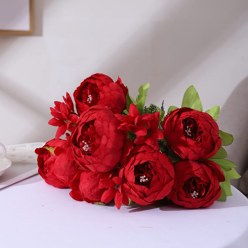 Duovlo Springs Flowers Artificial Silk Peony Bouquets Wedding Home Decoration,Pack of 1 (Spring Red) - Image 4